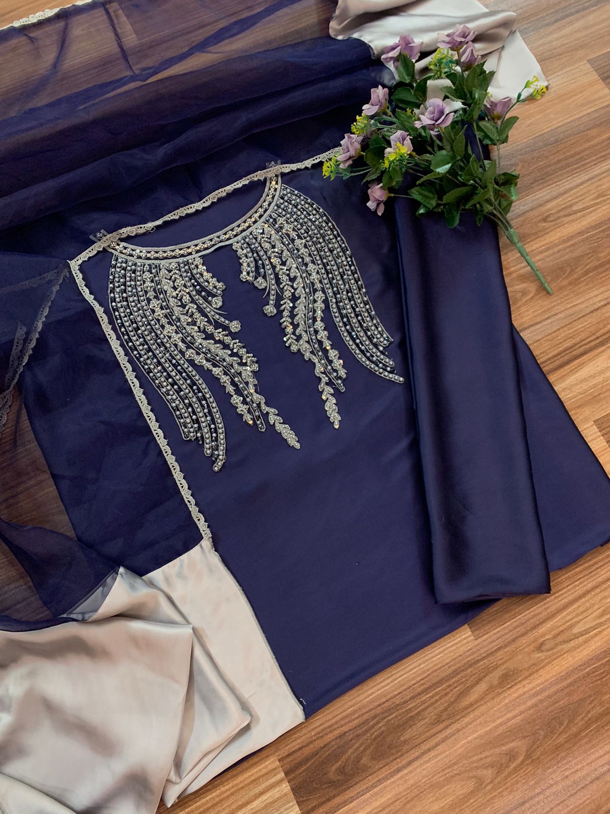 New Arrival Soft Shamooz Silk 3PC Suit – Heavy Adda Embroidered Neck, Organza Dupatta, Digital Printed Shirt & TrouserD-1041