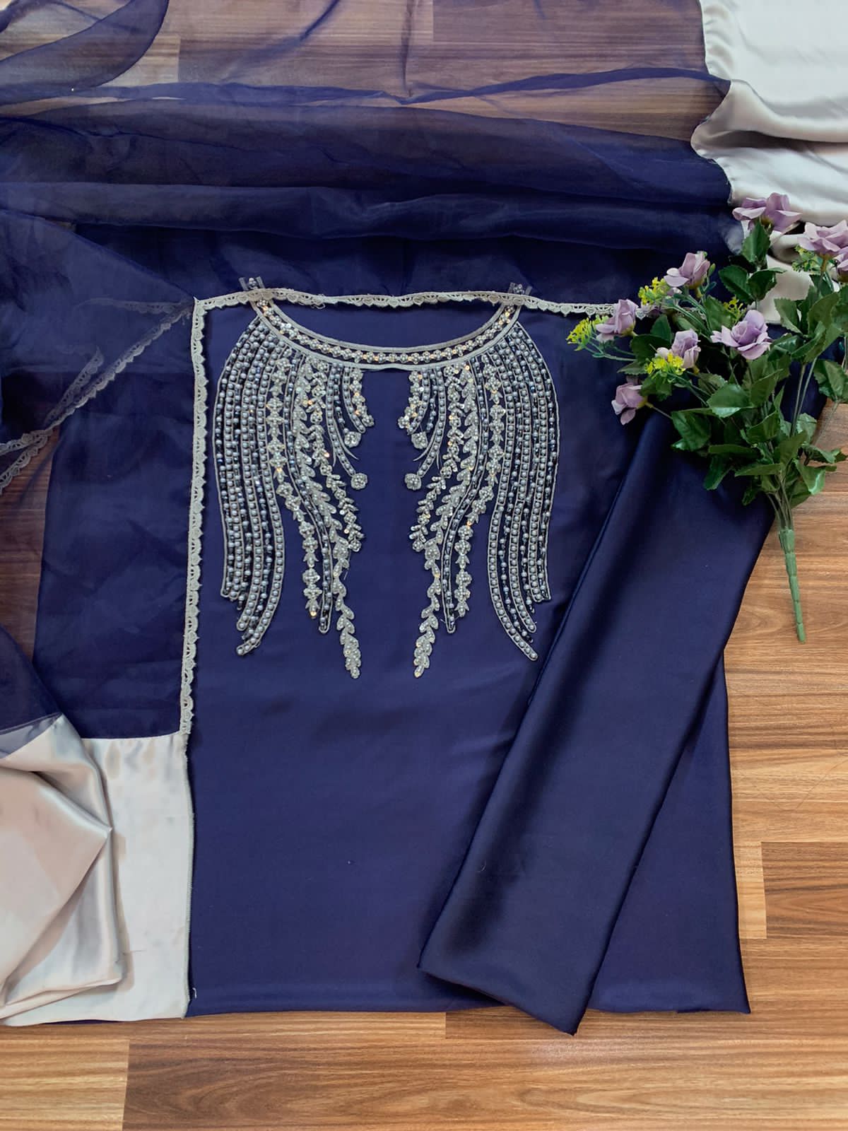 New Arrival Soft Shamooz Silk 3PC Suit – Heavy Adda Embroidered Neck, Organza Dupatta, Digital Printed Shirt & TrouserD-1041