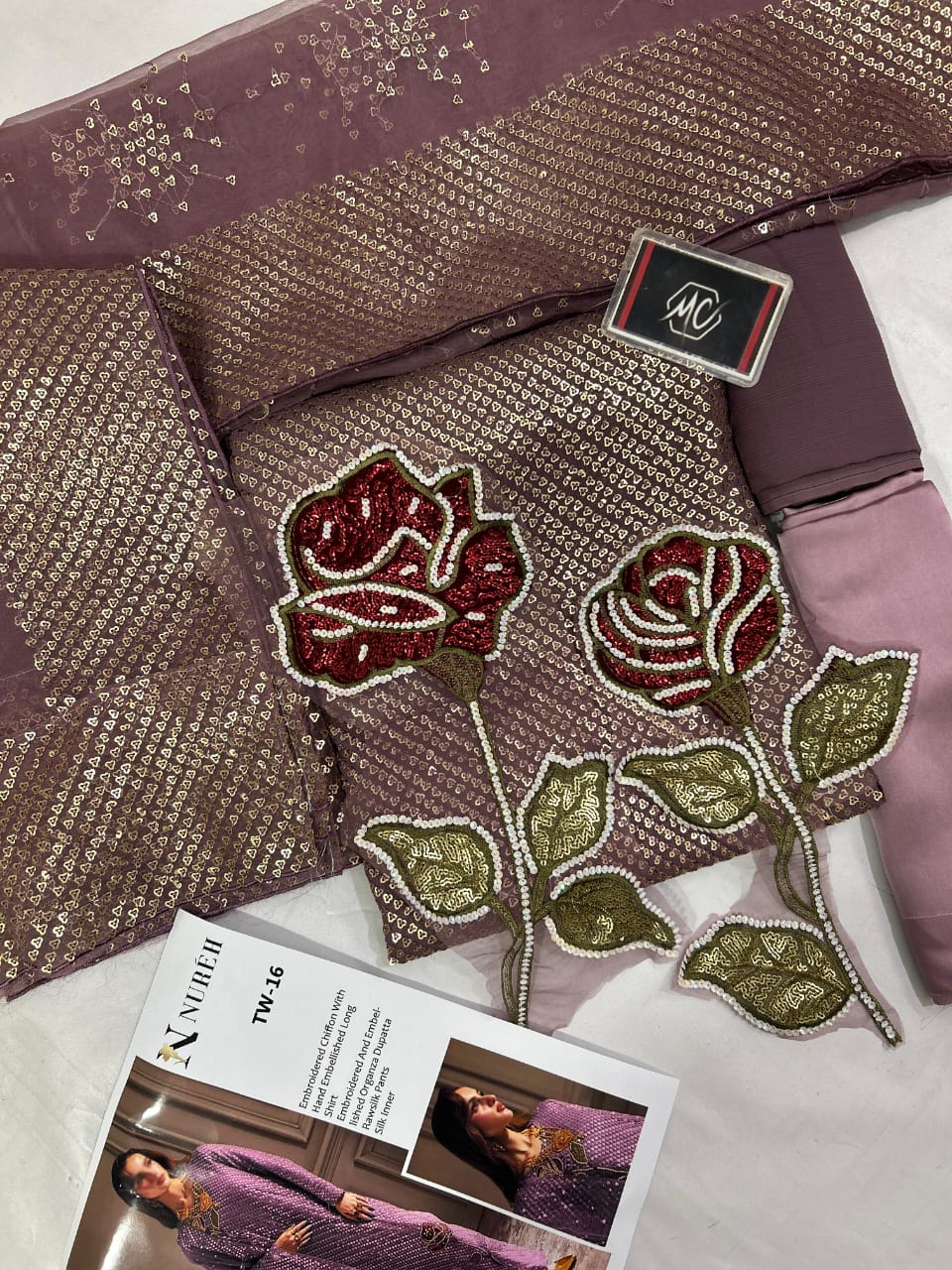 NUREH Midnight Collection – Heavy Embroidered Chiffon 3-Piece Suit | Organza Dupatta | Shamoz Silk Trouser | Master Blaster Replica D-1048