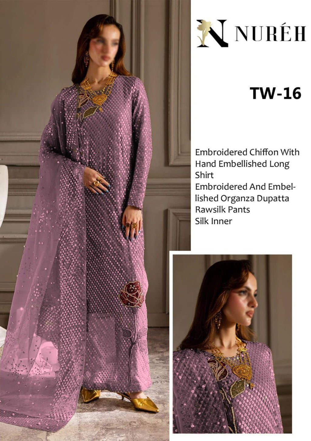 NUREH Midnight Collection – Heavy Embroidered Chiffon 3-Piece Suit | Organza Dupatta | Shamoz Silk Trouser | Master Blaster Replica D-1048