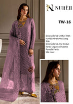 NUREH Midnight Collection – Heavy Embroidered Chiffon 3-Piece Suit | Organza Dupatta | Shamoz Silk Trouser | Master Blaster Replica D-1048