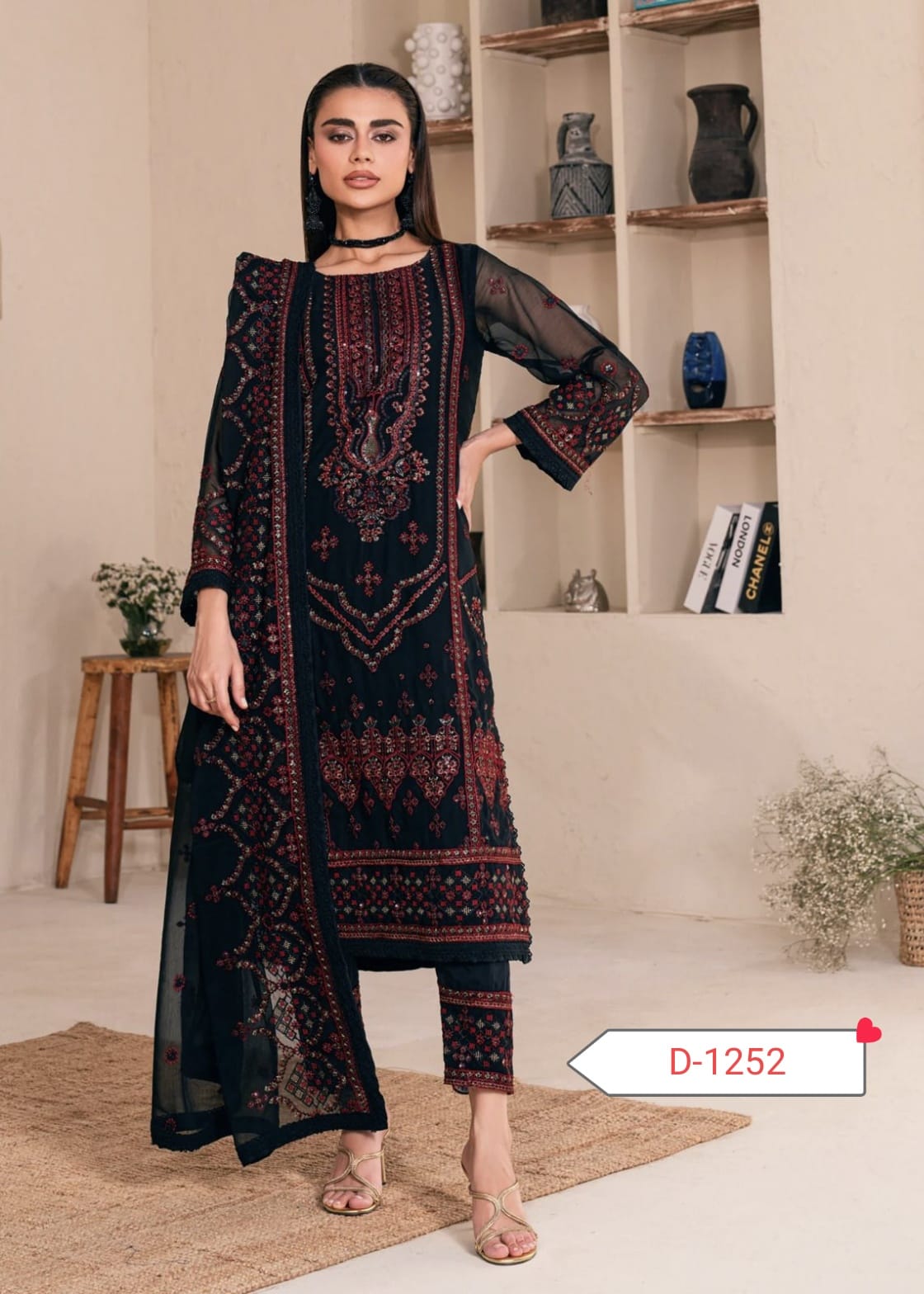 NOOR MA KAAMAL– Chiffon 3-Piece Suit | Malai Trouser | Sequence Work | Unstitched Replica D-1051