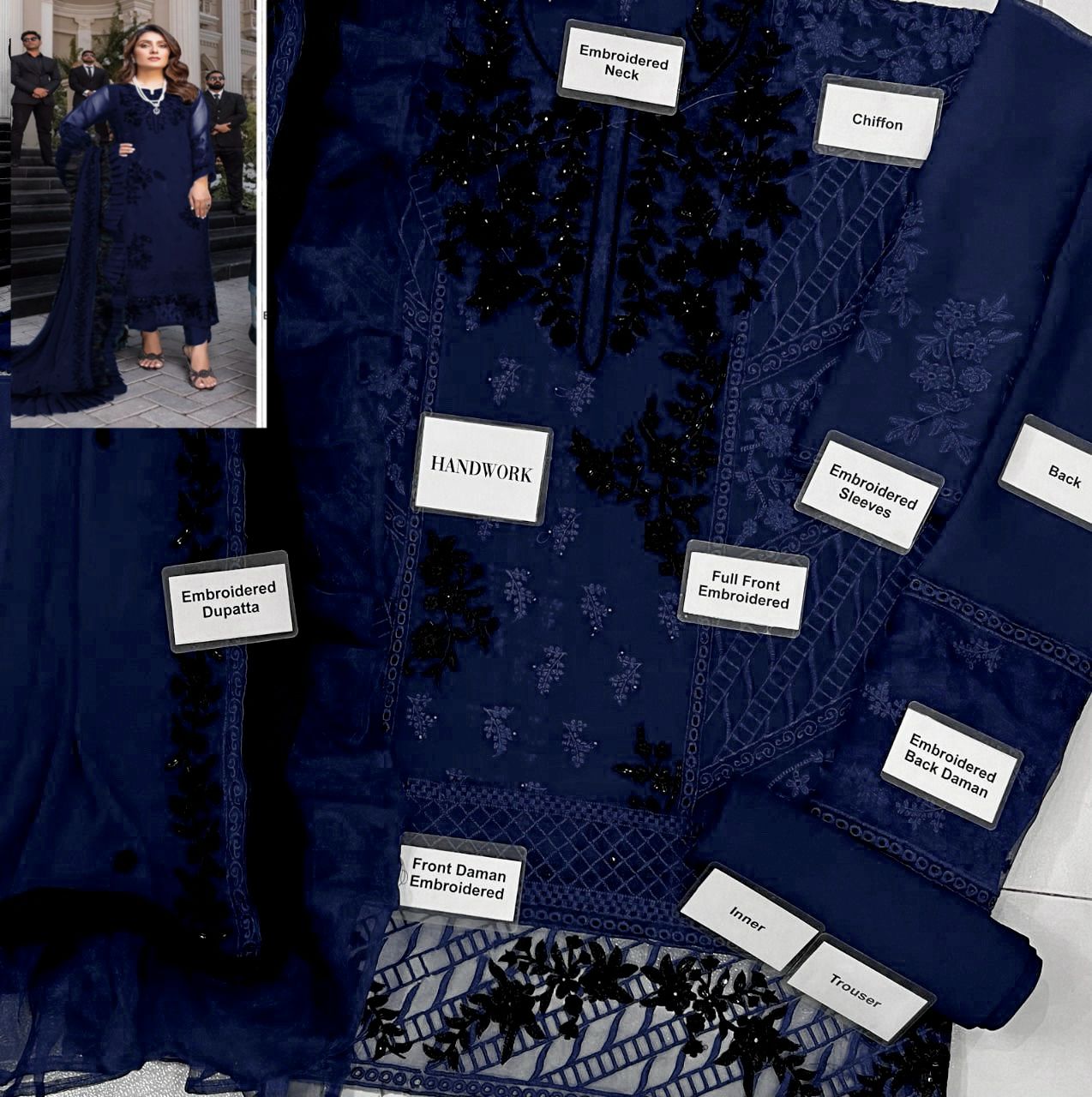 Azure Chiffon & Malai 3-Piece Suit – Heavy Embroidered Front, Sleeves & Dupatta | Luxury Unstitched Collection D-1056