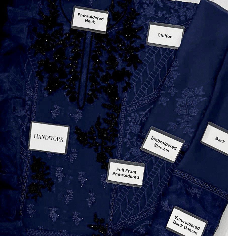 Azure Chiffon & Malai 3-Piece Suit – Heavy Embroidered Front, Sleeves & Dupatta | Luxury Unstitched Collection D-1056