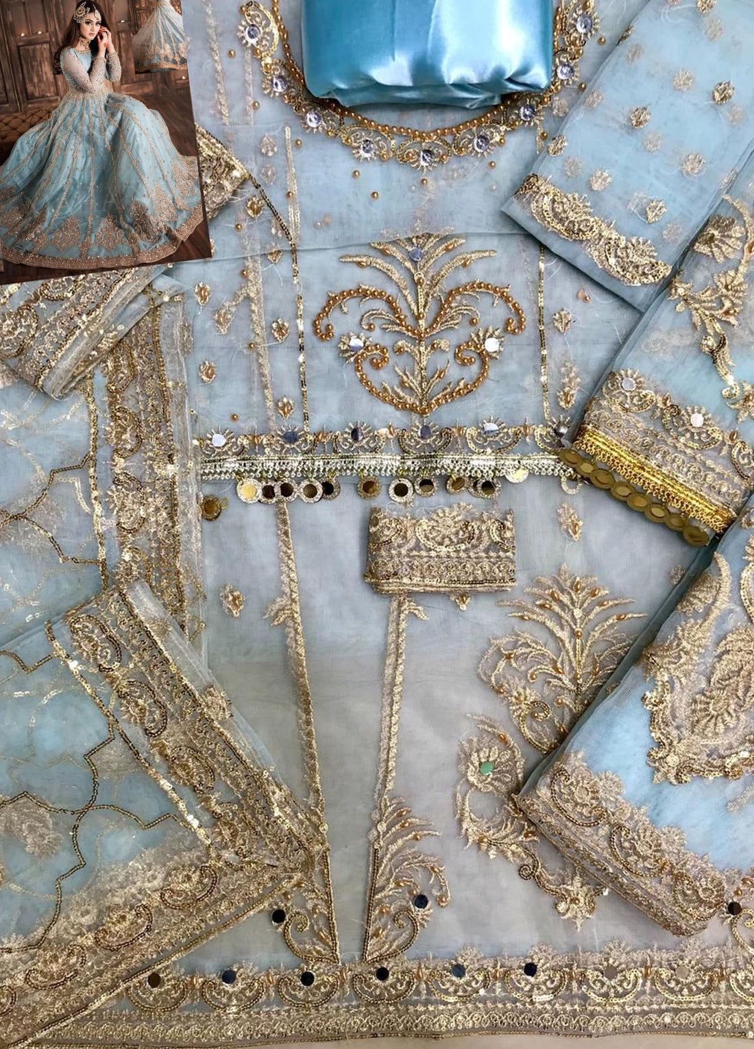 Hira Mani Ruedad-e-Sahar Replica – Heavy Embroidered Net Long Frock with Mirror & Sequence Work | Restock Available D-1058