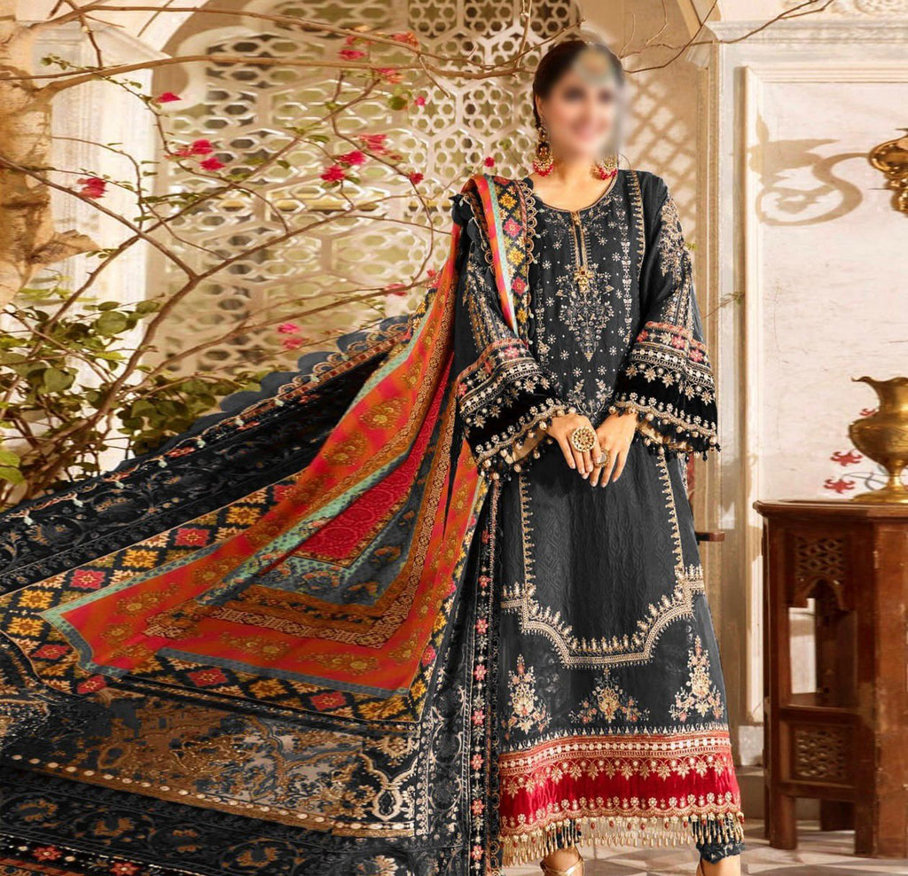 Maria B Chiffon | Heavy Spangle Embroidered Suit with Hand Embellishment & Digital Silk Dupatta D-1061