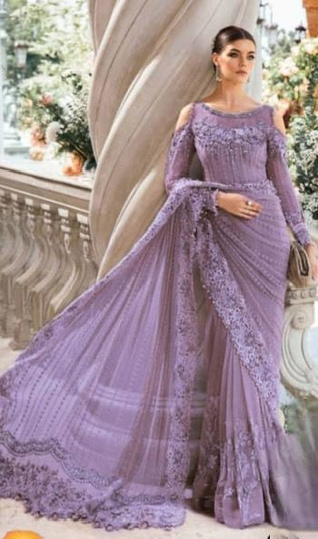 Maria B Exclusive Saree – Fully Heavy Embroidered Net Saree with Adda Work & Tassels | Luxury Designer Collection D-1068