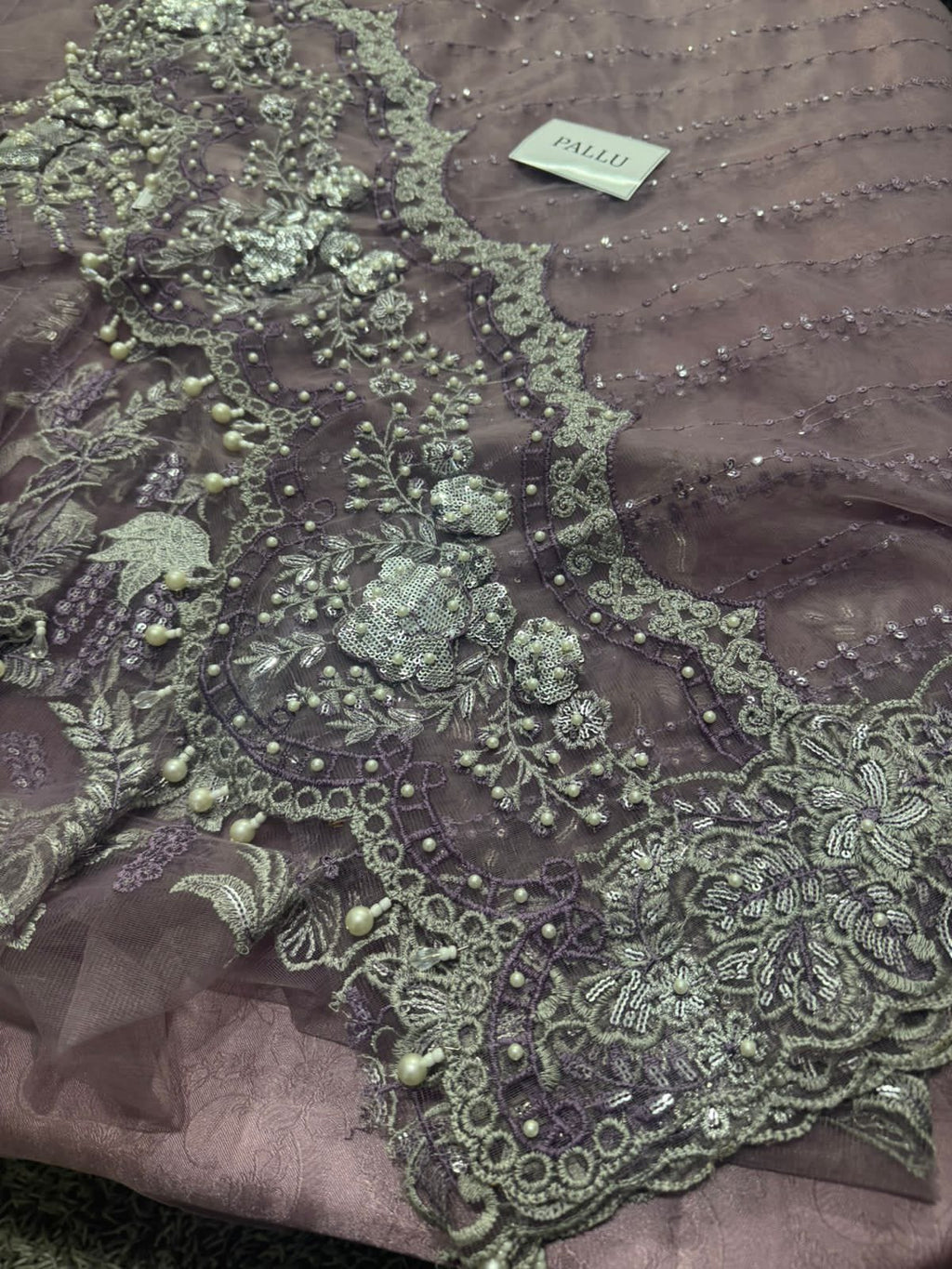 Maria B Exclusive Saree – Fully Heavy Embroidered Net Saree with Adda Work & Tassels | Luxury Designer Collection D-1068