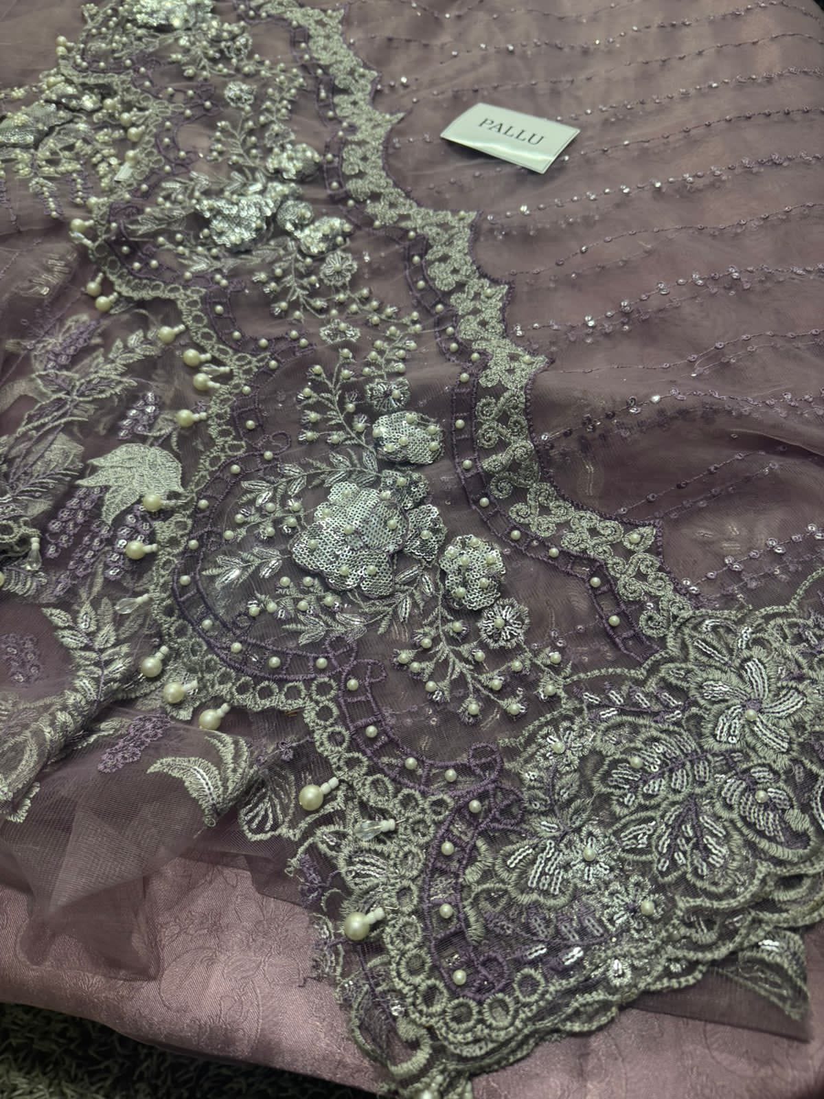 Maria B Exclusive Saree – Fully Heavy Embroidered Net Saree with Adda Work & Tassels | Luxury Designer Collection D-1068