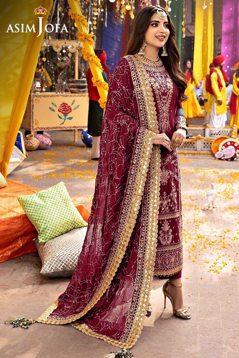 Asim Jofa Wedding Embroidered – Chiffon Suit with Sequence & Embroidery | Malai Trouser D-1071