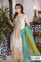 Maria B Chiffon Eid Collection|Fully Embroidered Spangle Work Suit with Organza Dupatta & Malai Trouser D-1072