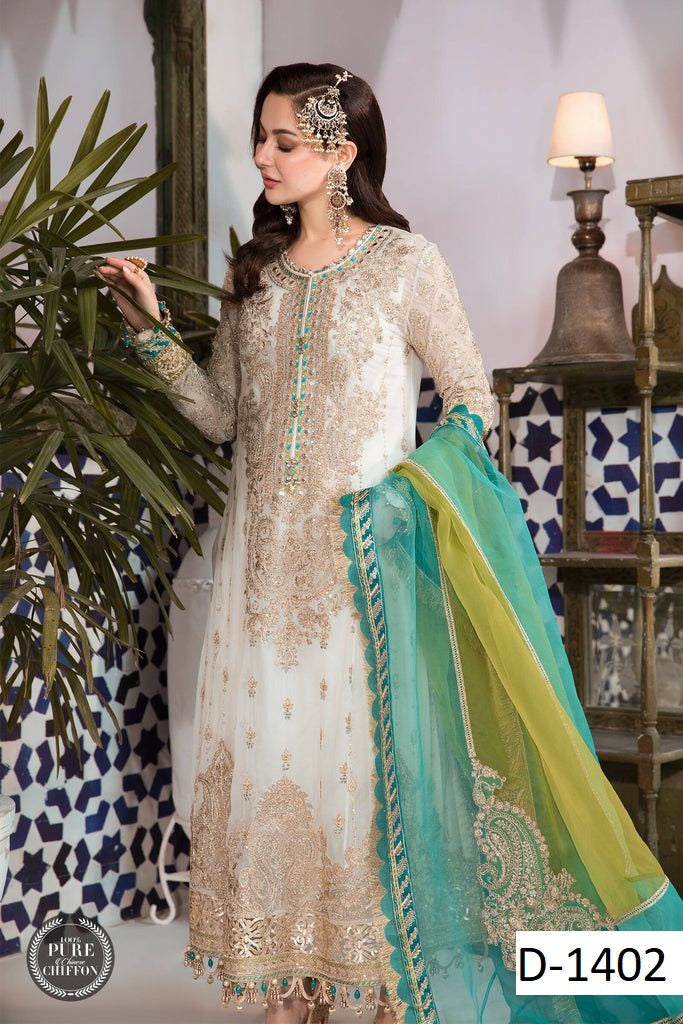 Maria B Chiffon Eid Collection|Fully Embroidered Spangle Work Suit with Organza Dupatta & Malai Trouser D-1072