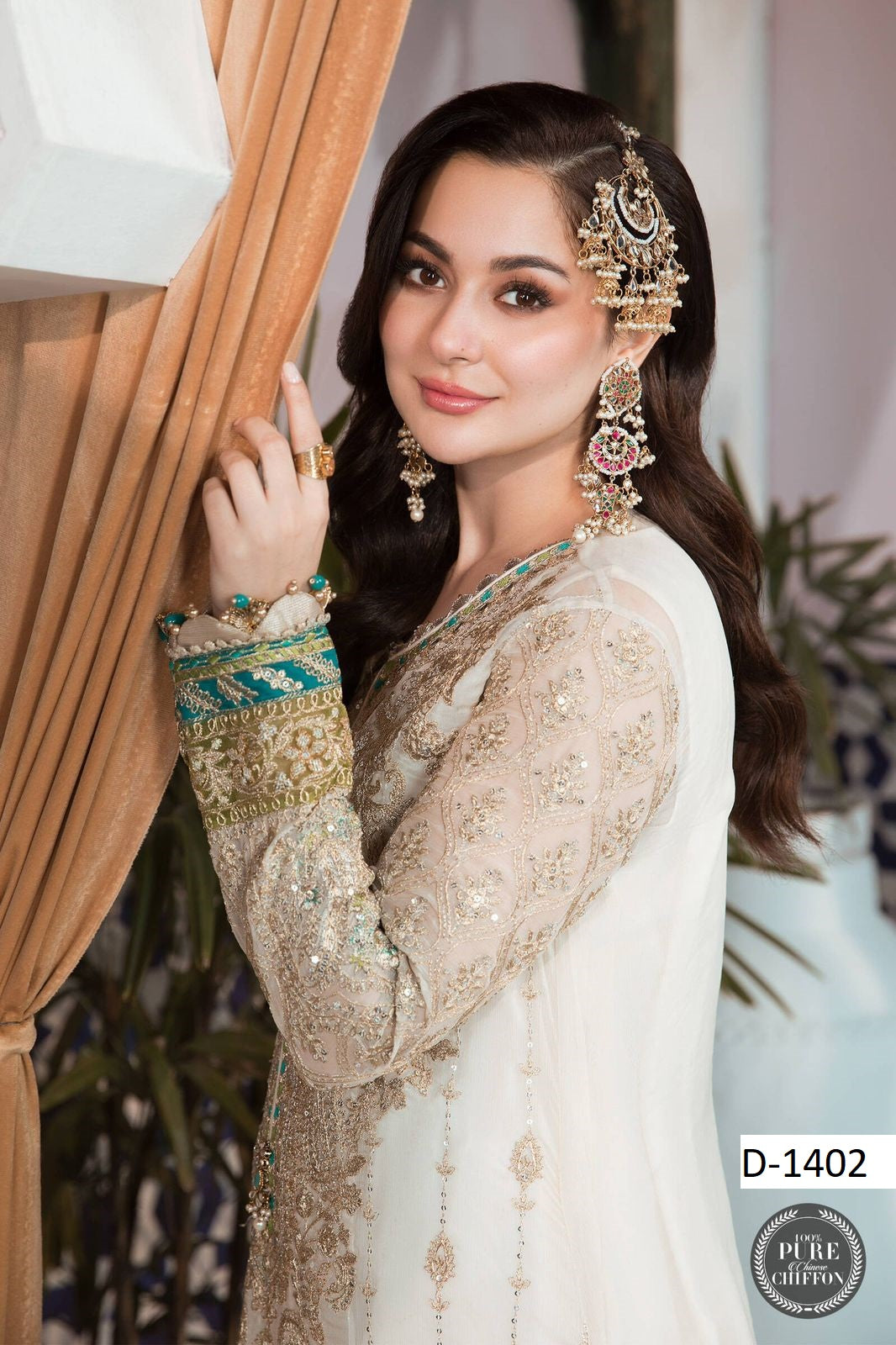 Maria B Chiffon Eid Collection|Fully Embroidered Spangle Work Suit with Organza Dupatta & Malai Trouser D-1072