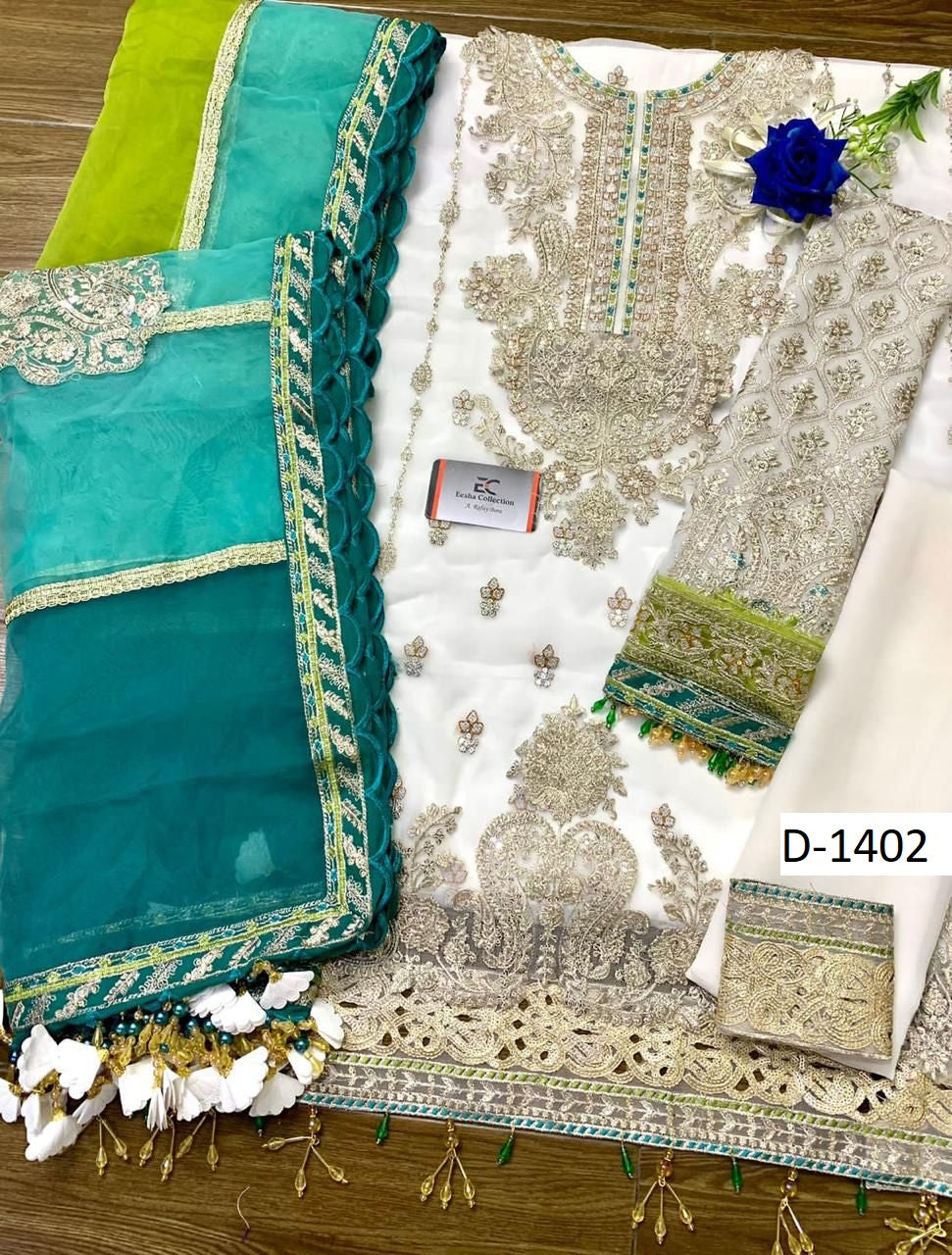 Maria B Chiffon Eid Collection|Fully Embroidered Spangle Work Suit with Organza Dupatta & Malai Trouser D-1072