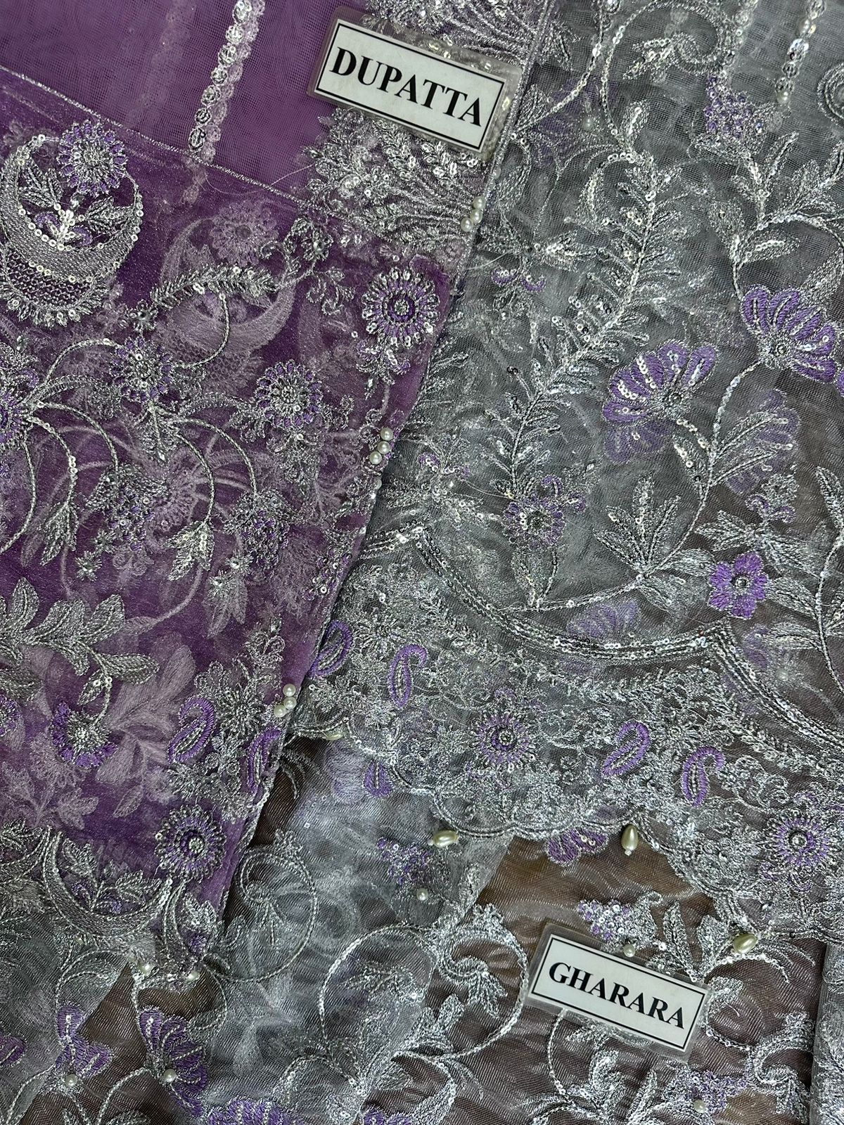 Bisma Akbar Unstitched Replica – Net Suit with Sequence Work & Satin Silk Trouser | Premium Designer Suit D-1074