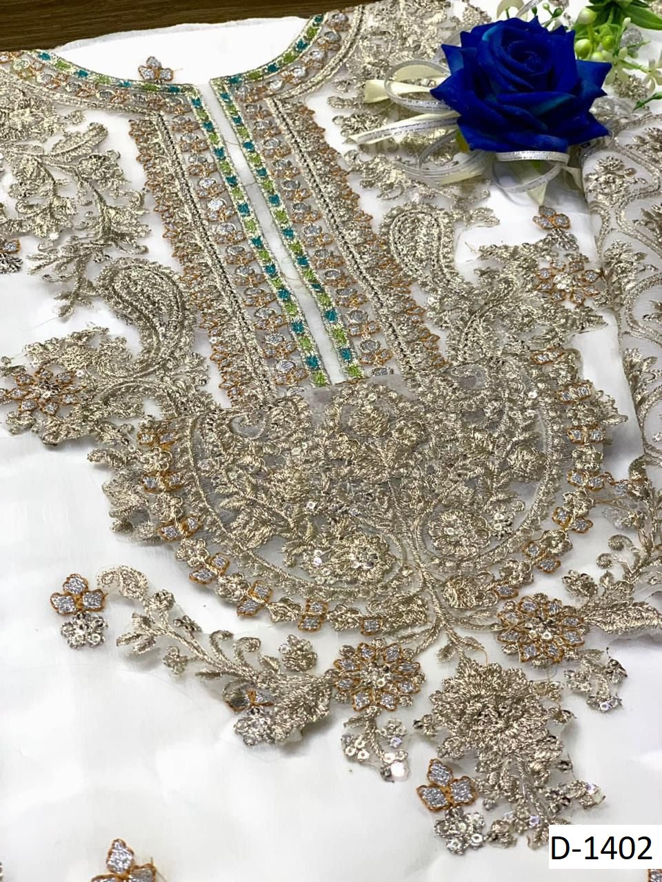 Maria B Chiffon Eid Collection|Fully Embroidered Spangle Work Suit with Organza Dupatta & Malai Trouser D-1072