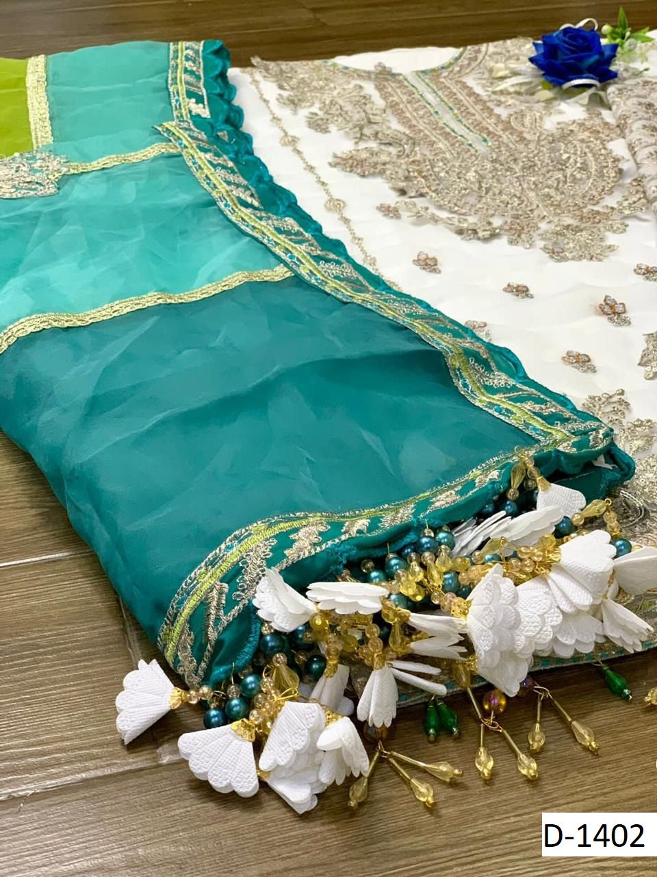 Maria B Chiffon Eid Collection|Fully Embroidered Spangle Work Suit with Organza Dupatta & Malai Trouser D-1072