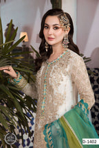 Maria B Chiffon Eid Collection|Fully Embroidered Spangle Work Suit with Organza Dupatta & Malai Trouser D-1072
