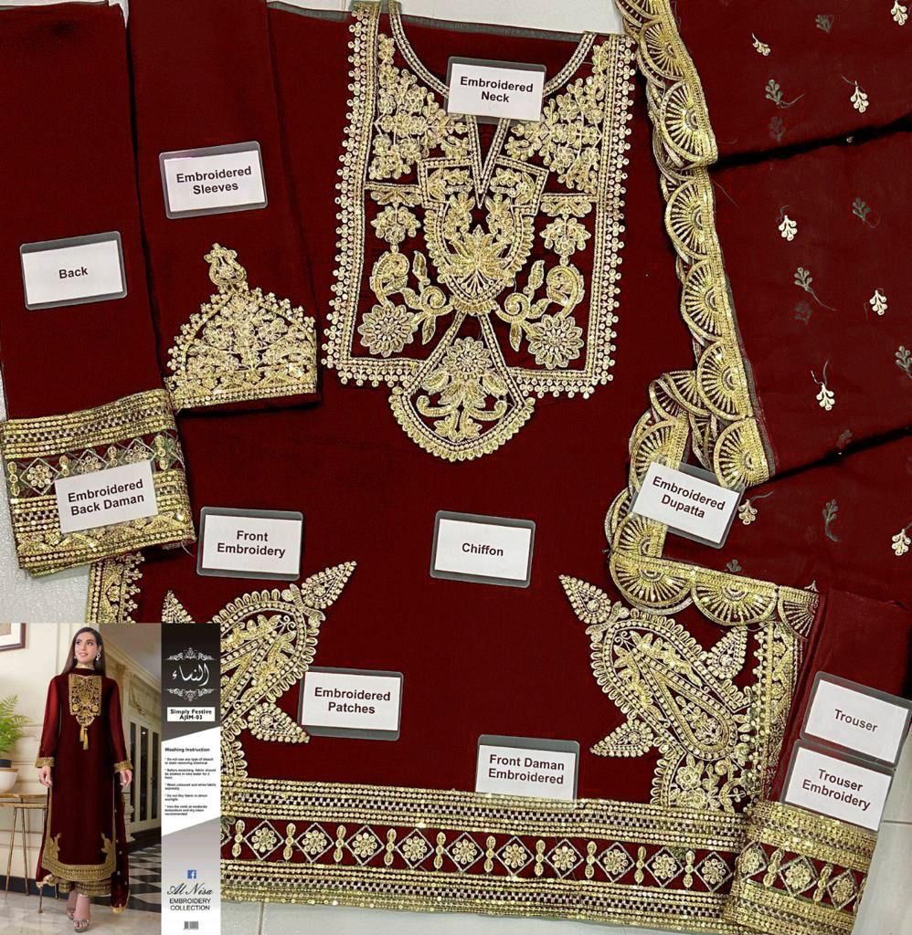 Asim Jofa Chiffon & Satin Silk Suit – Alnisa Embroidery Collection | Restock Available D-1073
