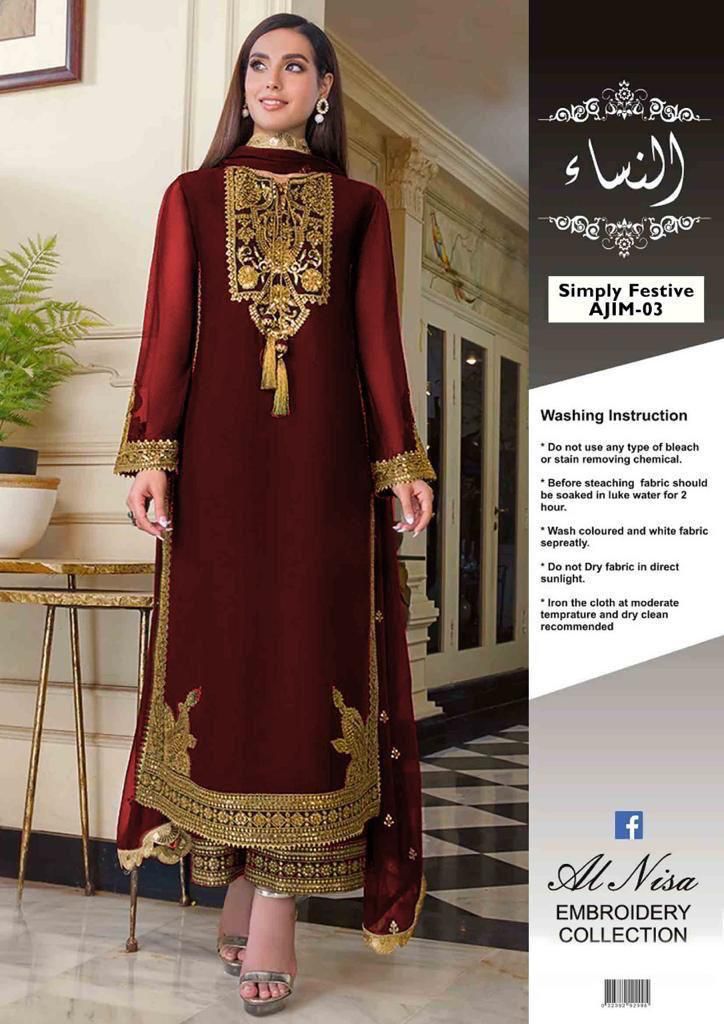 Asim Jofa Chiffon & Satin Silk Suit – Alnisa Embroidery Collection | Restock Available D-1073