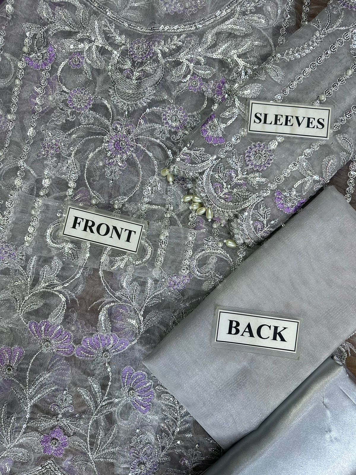 Bisma Akbar Unstitched Replica – Net Suit with Sequence Work & Satin Silk Trouser | Premium Designer Suit D-1074