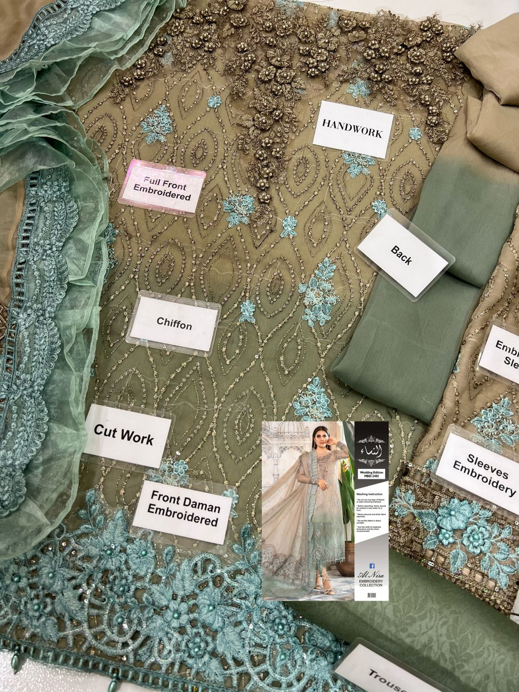 Wedding & Eid Collection D05 – Tie & Dye Chiffon Suit with Handwork, Sequence & Jamawar Trouser | Alnisa Embroidery D-1076