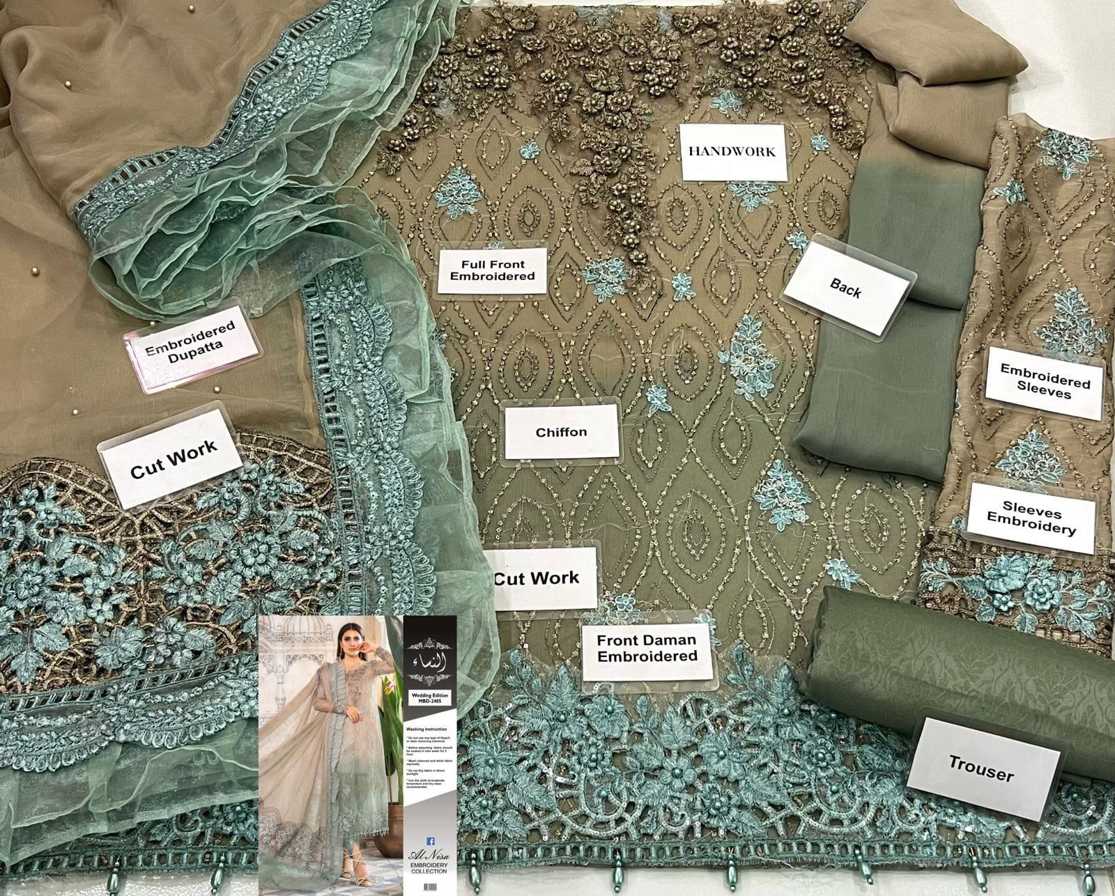 Wedding & Eid Collection D05 – Tie & Dye Chiffon Suit with Handwork, Sequence & Jamawar Trouser | Alnisa Embroidery D-1076