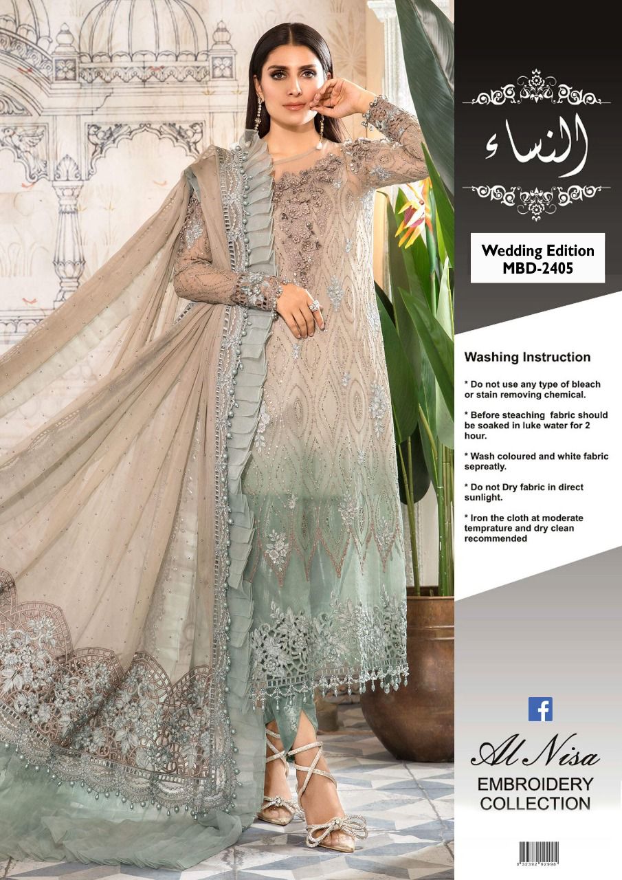 Wedding & Eid Collection D05 – Tie & Dye Chiffon Suit with Handwork, Sequence & Jamawar Trouser | Alnisa Embroidery D-1076