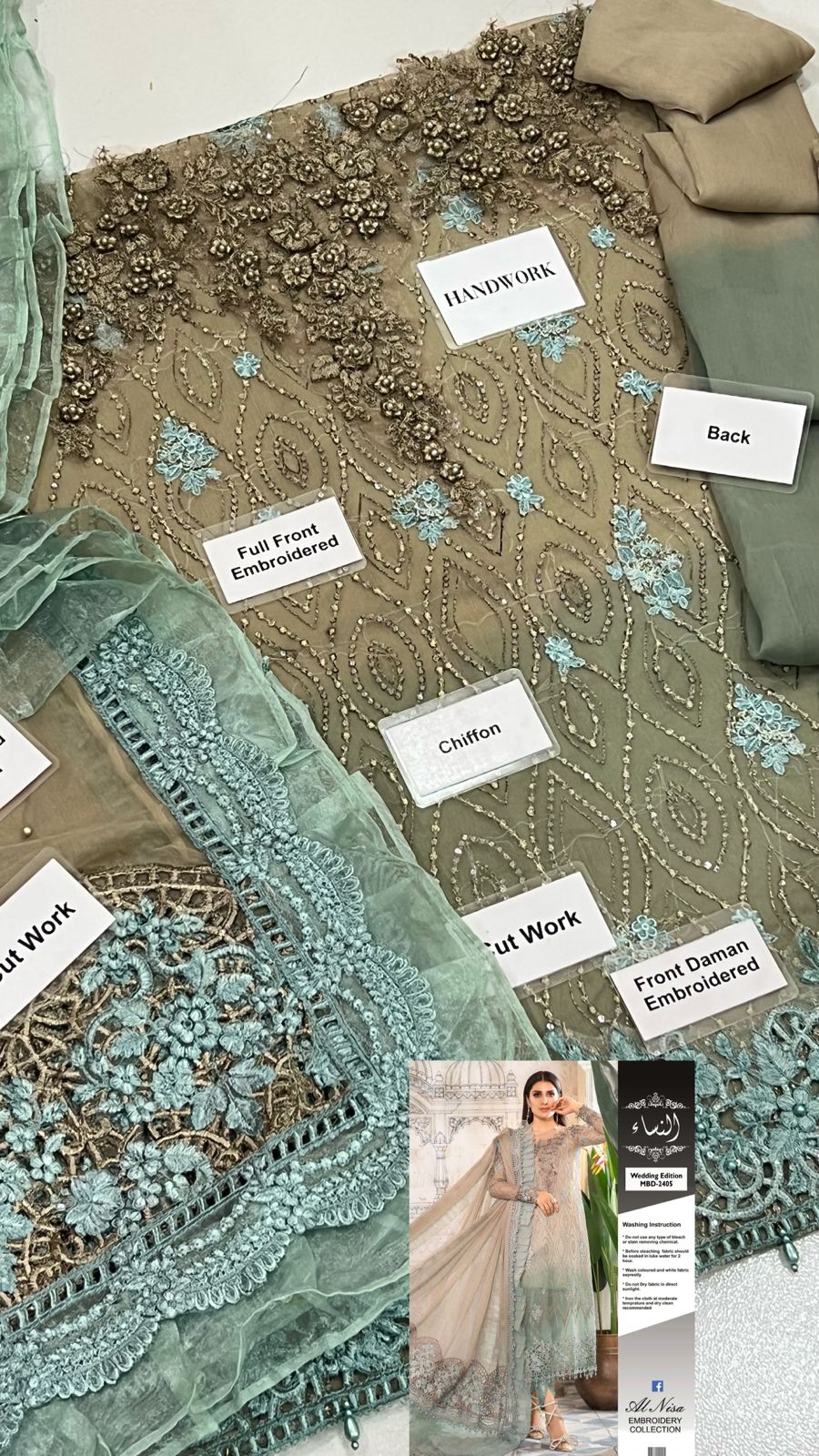 Wedding & Eid Collection D05 – Tie & Dye Chiffon Suit with Handwork, Sequence & Jamawar Trouser | Alnisa Embroidery D-1076