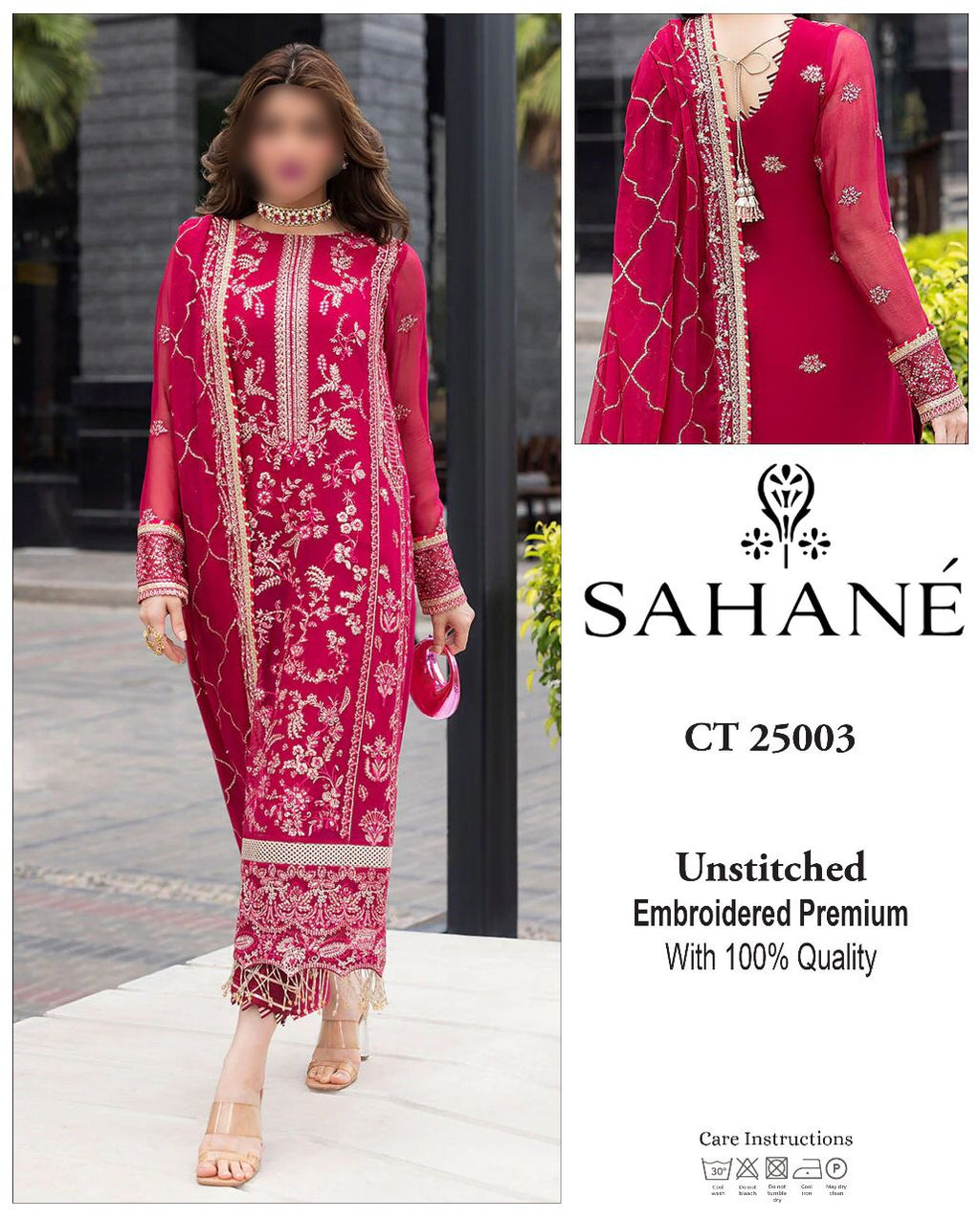 Sahane Shocking Pink Chiffon Suit – Heavy Embroidered Front, Back & Dupatta | Malai Trouser D-1078