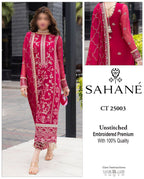 Sahane Shocking Pink Chiffon Suit – Heavy Embroidered Front, Back & Dupatta | Malai Trouser D-1078