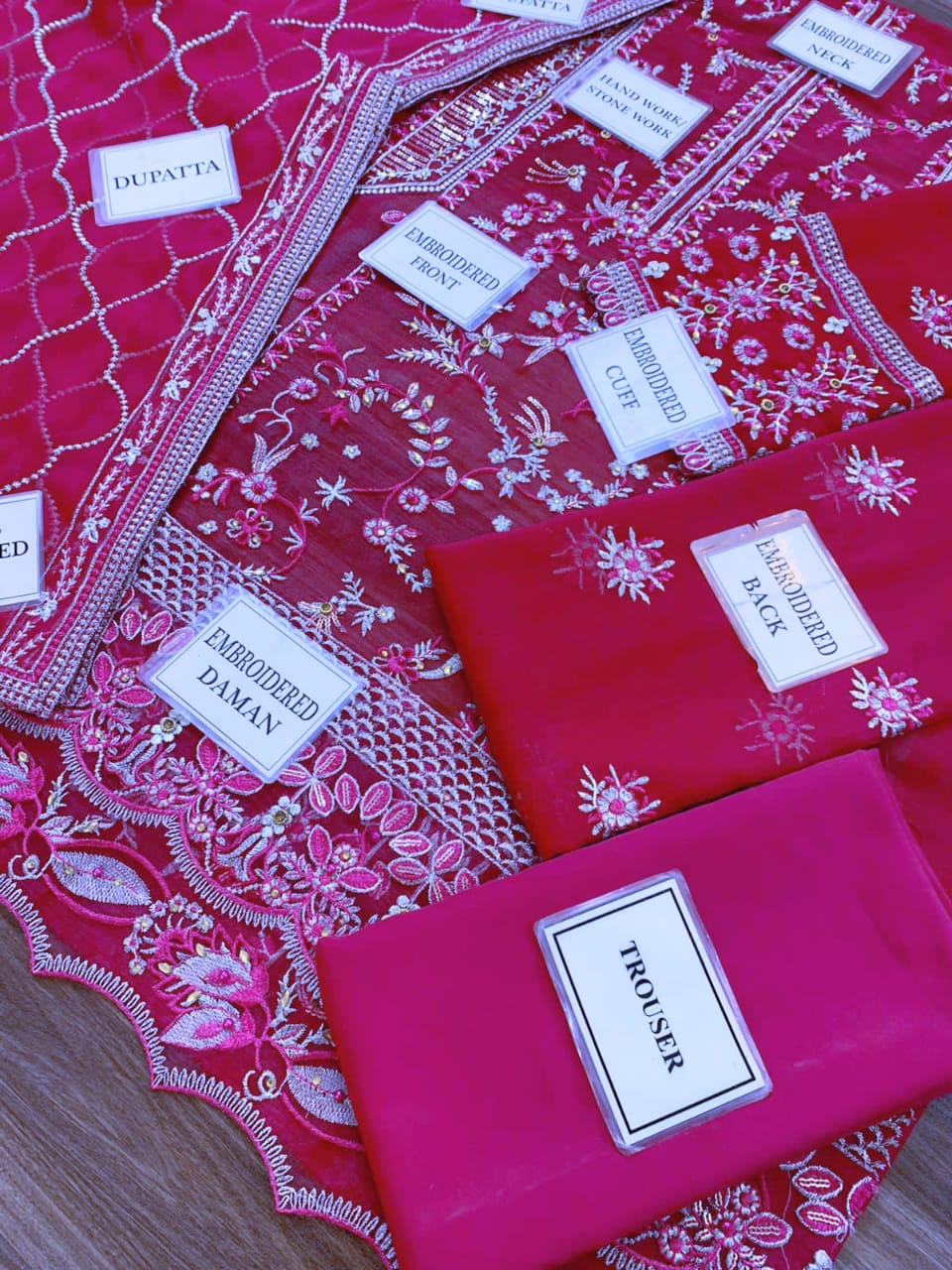 Sahane Shocking Pink Chiffon Suit – Heavy Embroidered Front, Back & Dupatta | Malai Trouser D-1078