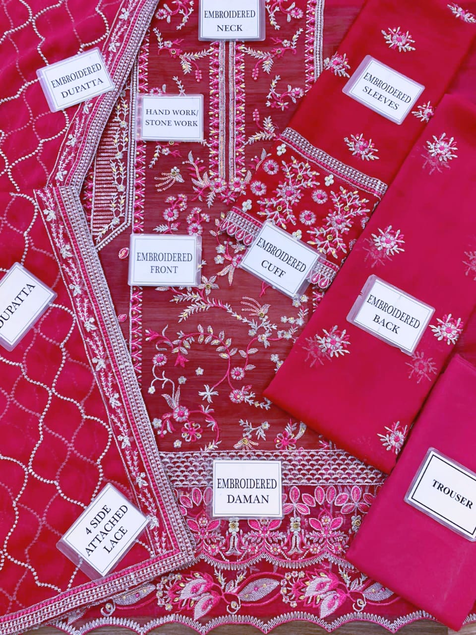 Sahane Shocking Pink Chiffon Suit – Heavy Embroidered Front, Back & Dupatta | Malai Trouser D-1078