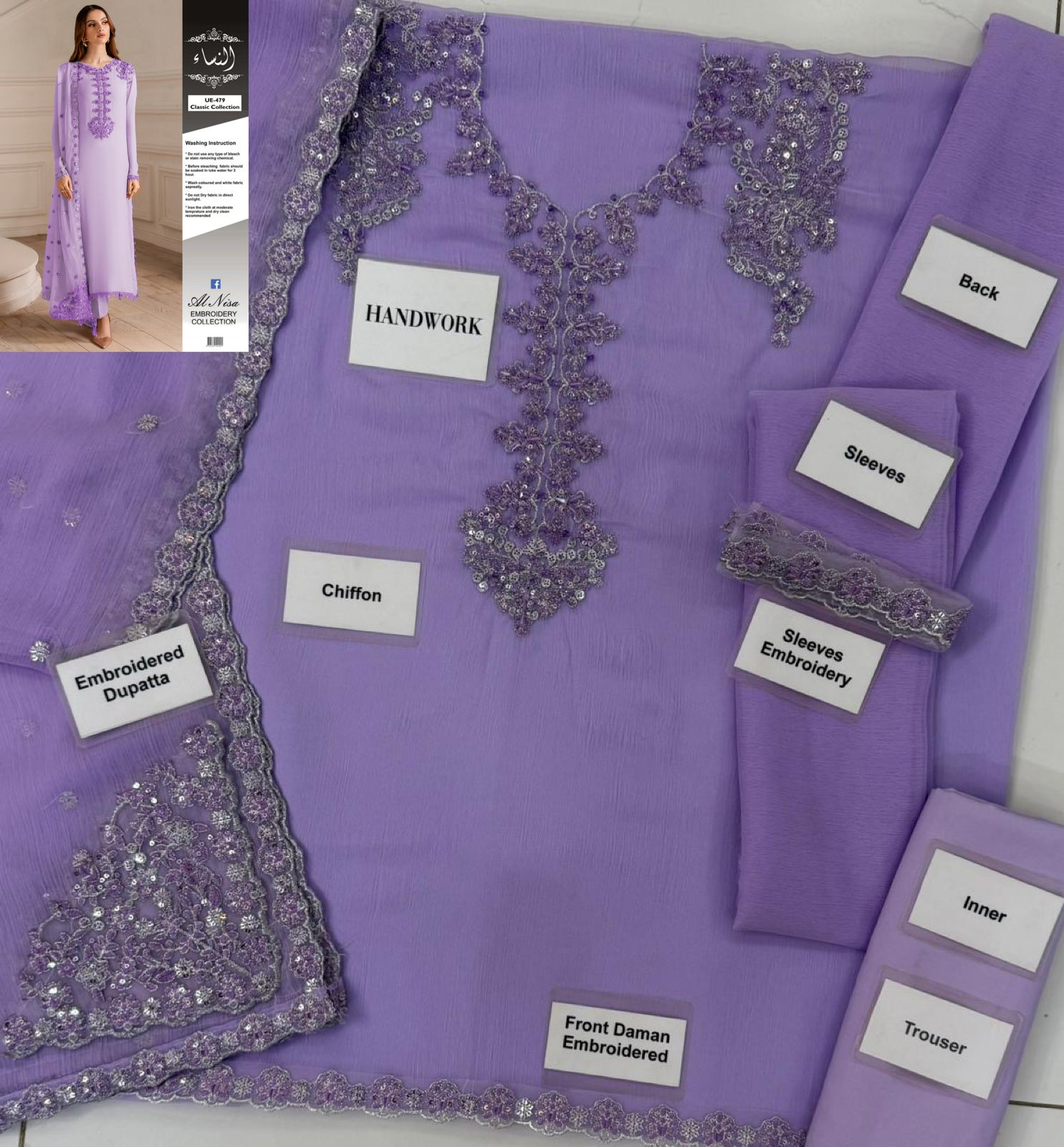 Iznik Chiffon & Malai Suit – Al Nisa Embroidery Collection | Heavy Embroidered Front & Dupatta D-1079