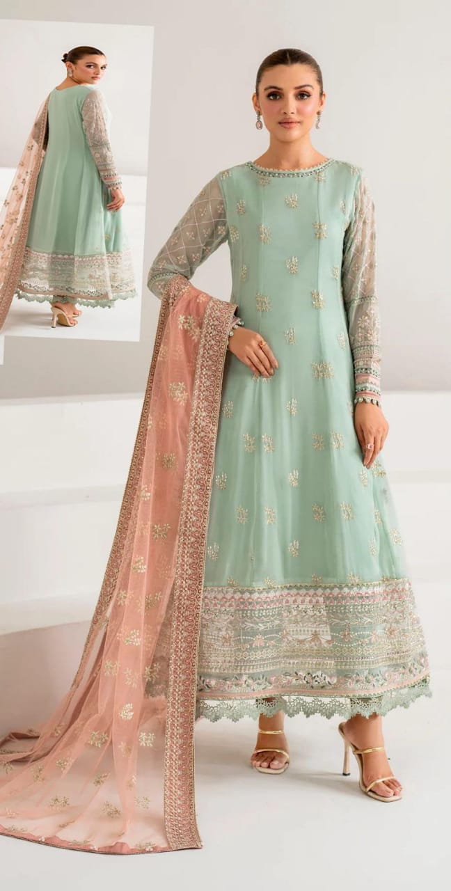Xenia Chiffon Collection 2025-2026 – Fully Embroidered Chiffon Suit with Dupatta & Dyed Malai Trouser | Premium Quality D-1080