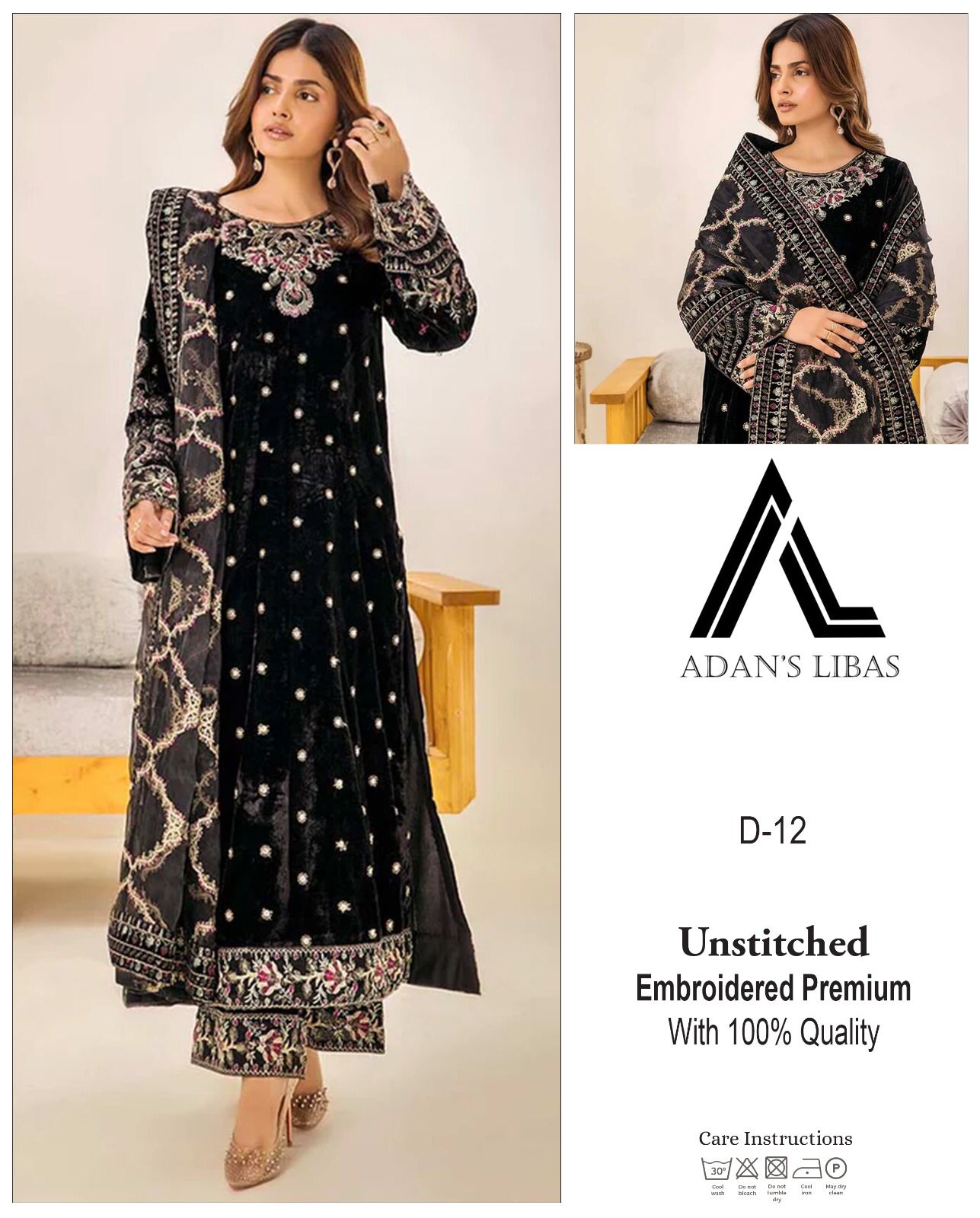 Adan Libas Velvet Collection – Heavy Embroidered 9000 Micro Velvet Suit with Net Dupatta & Silk Trouser D-1087