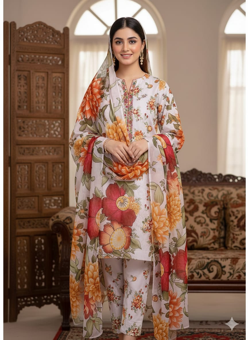 New Arrival Floral Digital Printed 3-Piece Suit | Swiss Lawn | Premium Quality D-1100