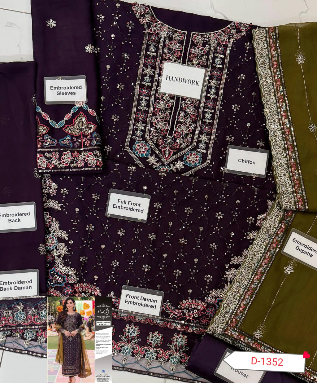 Asim Jofa AJMJ-11 Embroidered Chiffon 3-Piece Suit | Alnisa Embroidery Collection | Premium Sequence Work D-1136
