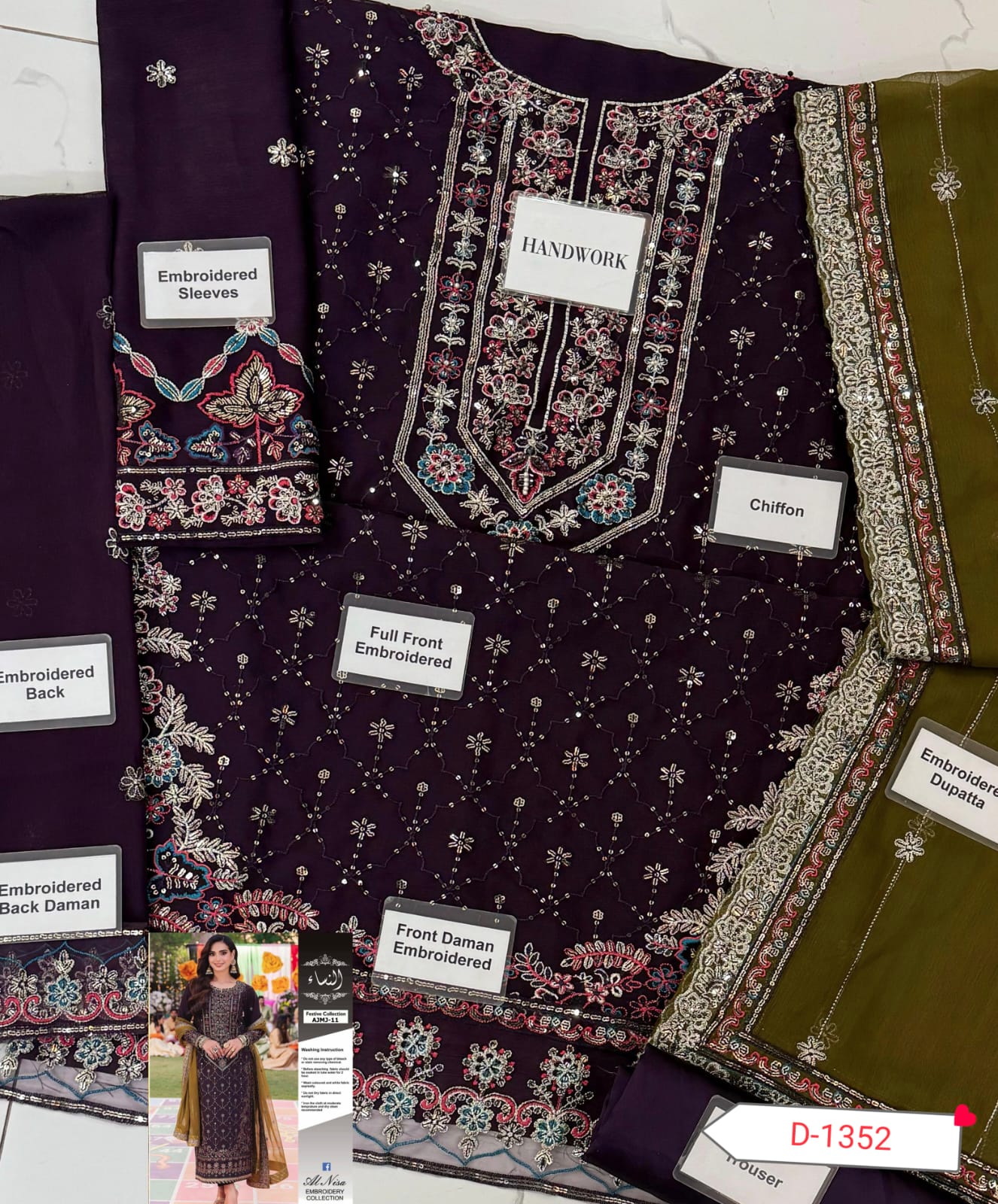 Asim Jofa AJMJ-11 Embroidered Chiffon 3-Piece Suit | Alnisa Embroidery Collection | Premium Sequence Work D-1136
