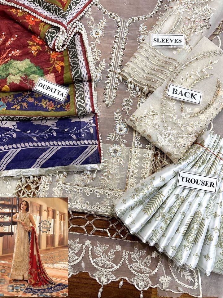 CRIMSON Luxury Organza Unstitched Replica – Heavy Embroidered Front With Sequence & Handwork | Silk Dupatta | Satin Silk Trouser S