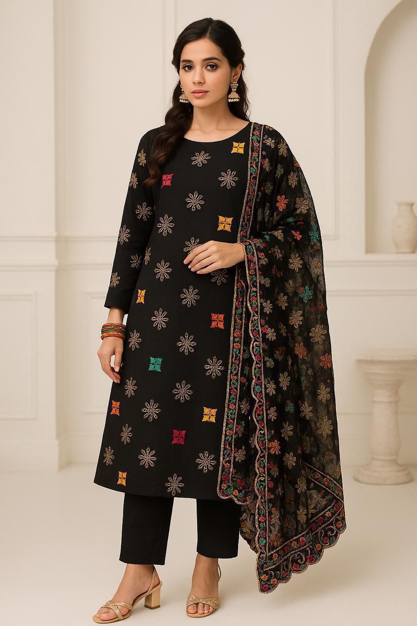 Eid collection - Lawn cotton with khaddi net dupatta - Unstitched 3pc D-1572