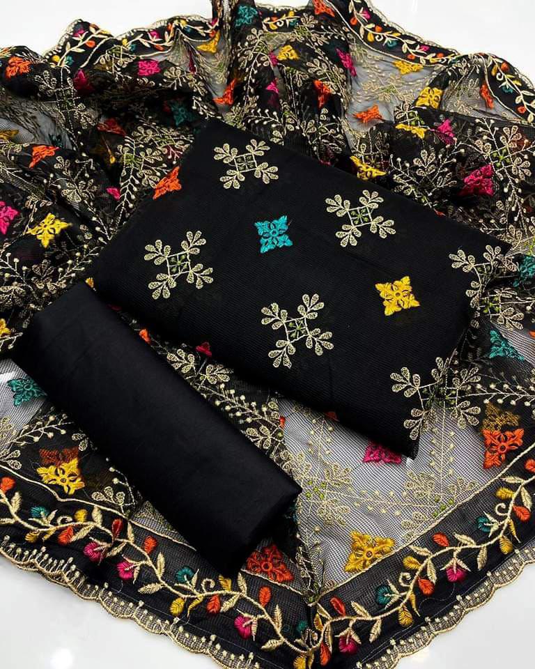 Eid collection - Lawn cotton with khaddi net dupatta - Unstitched 3pc D-1572