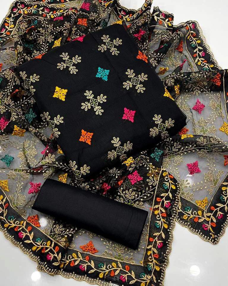 Eid collection - Lawn cotton with khaddi net dupatta - Unstitched 3pc D-1572