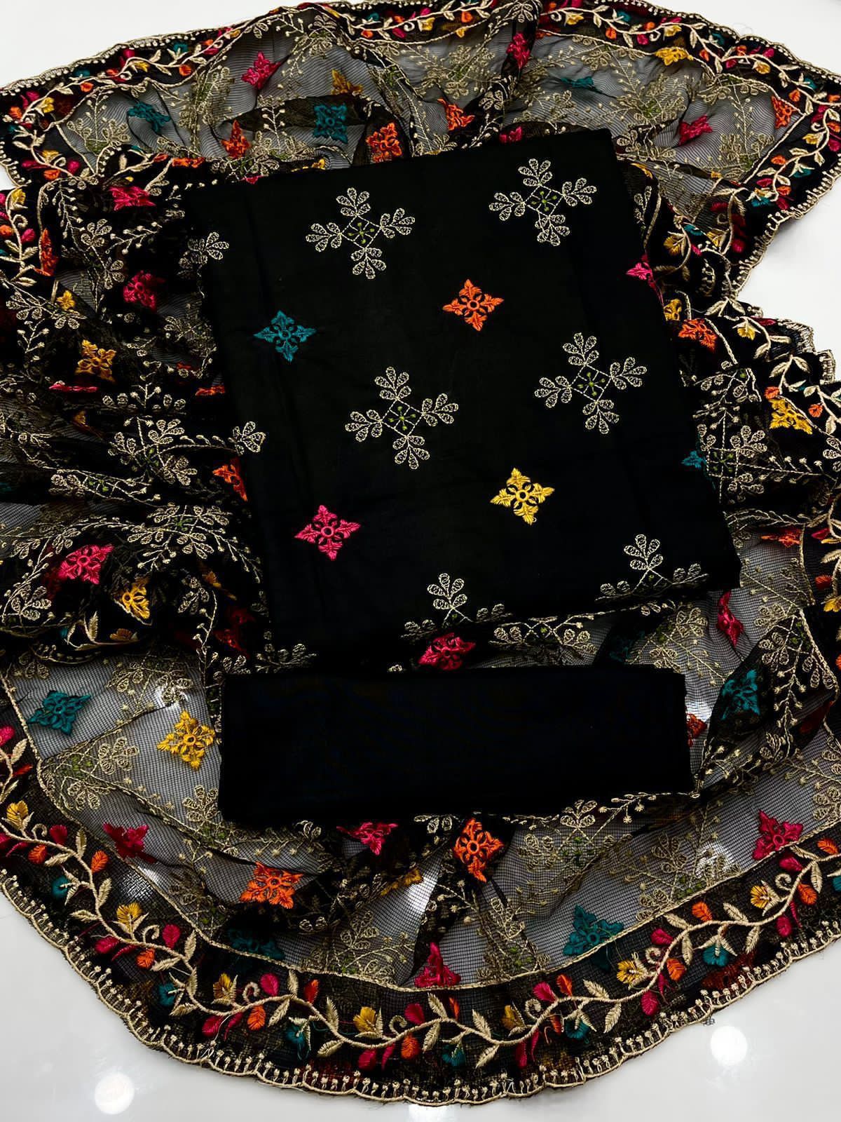 Eid collection - Lawn cotton with khaddi net dupatta - Unstitched 3pc D-1572