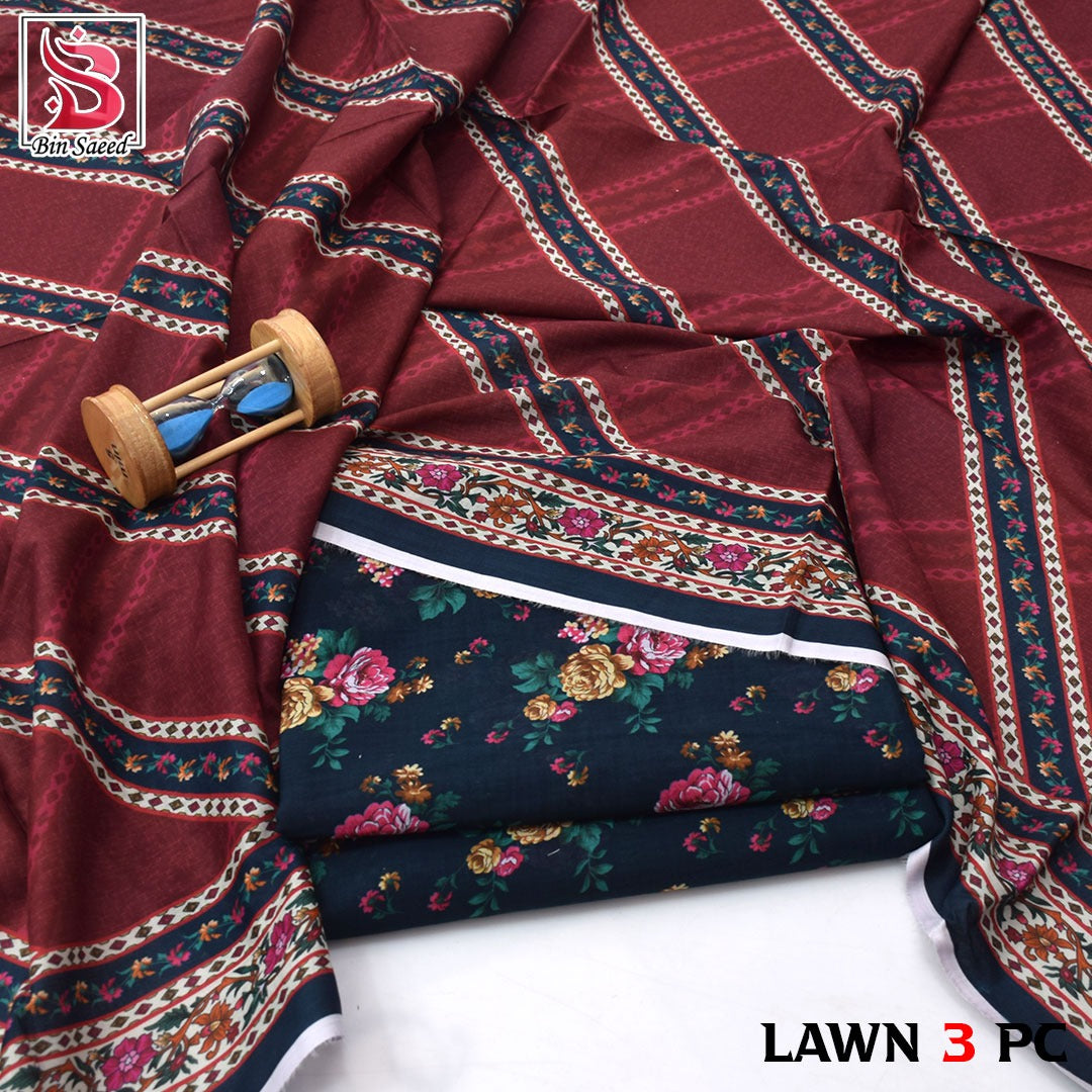 Premium print Lawn Fabric 3pc - Lawn Dupatta d- 6048
