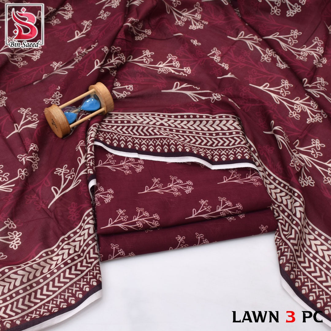 Premium print Lawn Fabric 3pc - Lawn Dupatta d- 6066