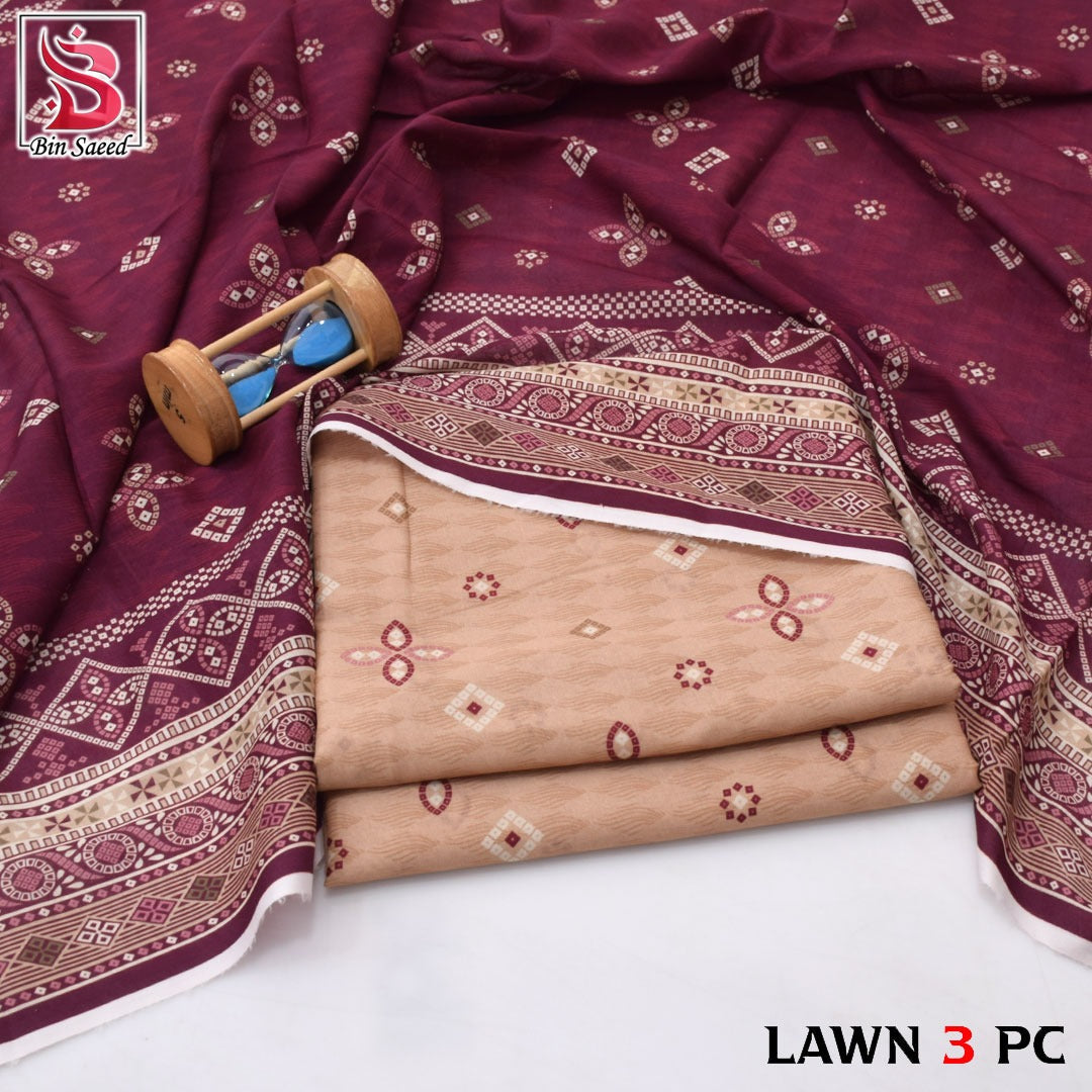 Premium print Lawn Fabric 3pc - Lawn Dupatta d- 6071