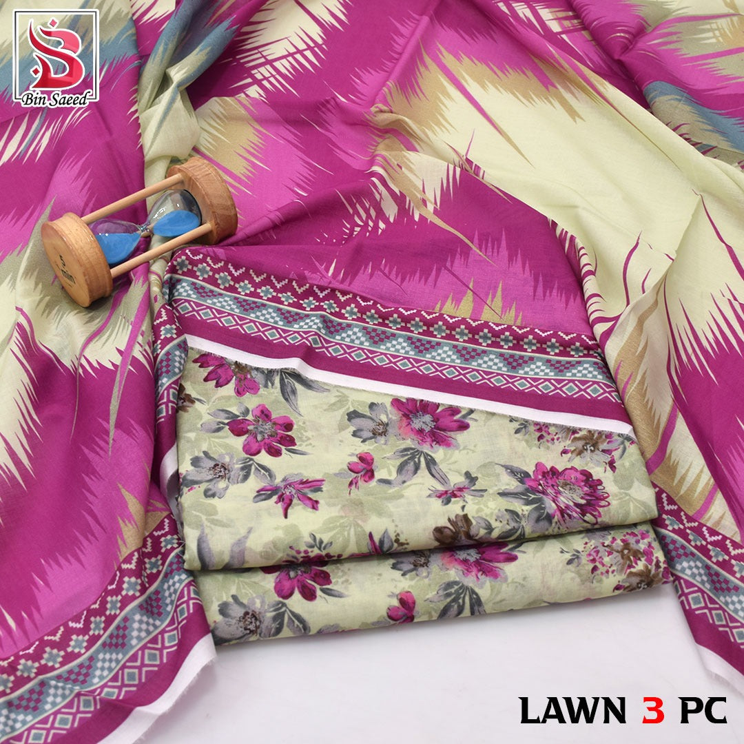 Premium print Lawn Fabric 3pc - Lawn Dupatta d- 6072