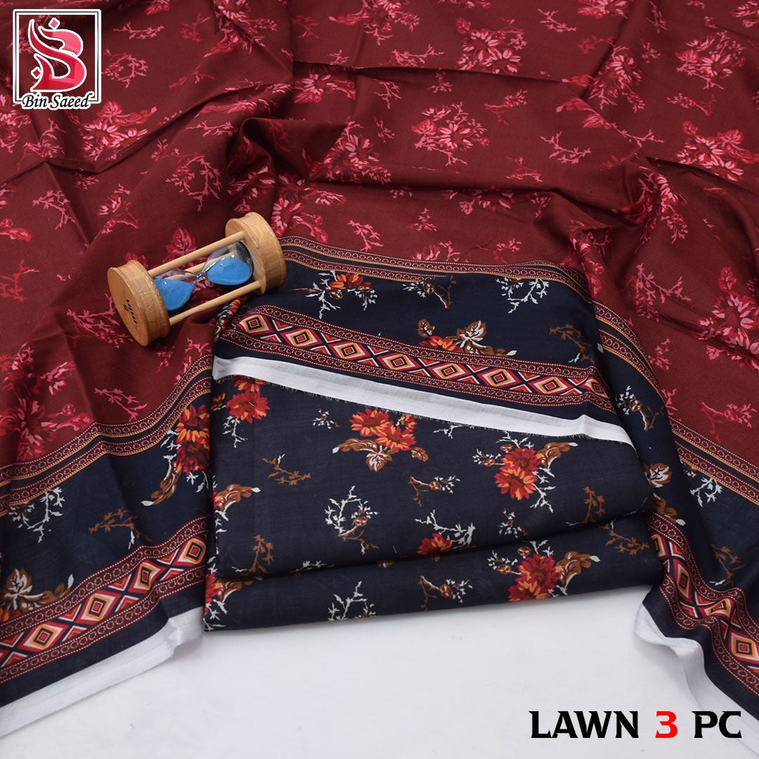Premium print Lawn Fabric 3pc - Lawn Dupatta d- 6075