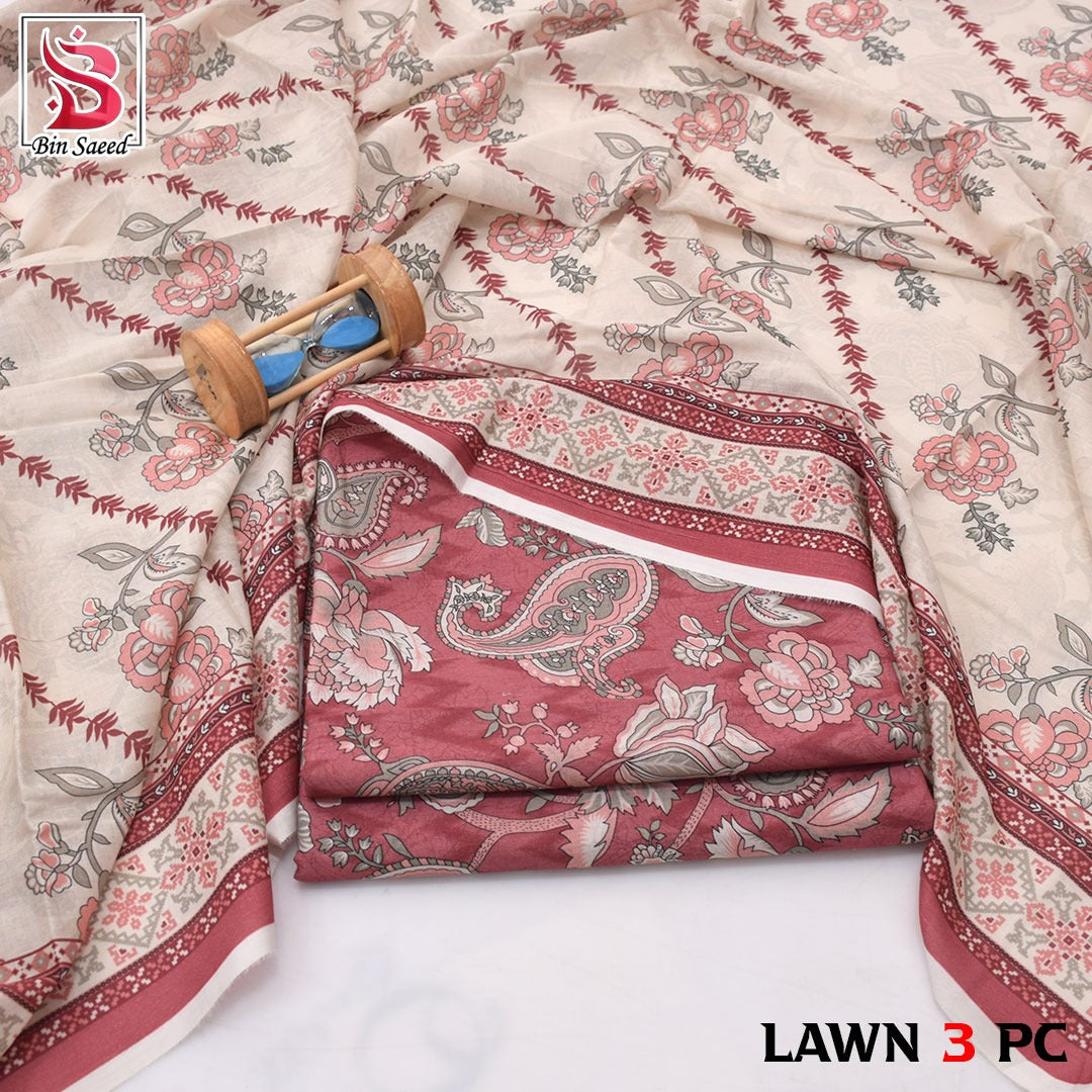 Premium print Lawn Fabric 3pc - Lawn Dupatta d- 6043